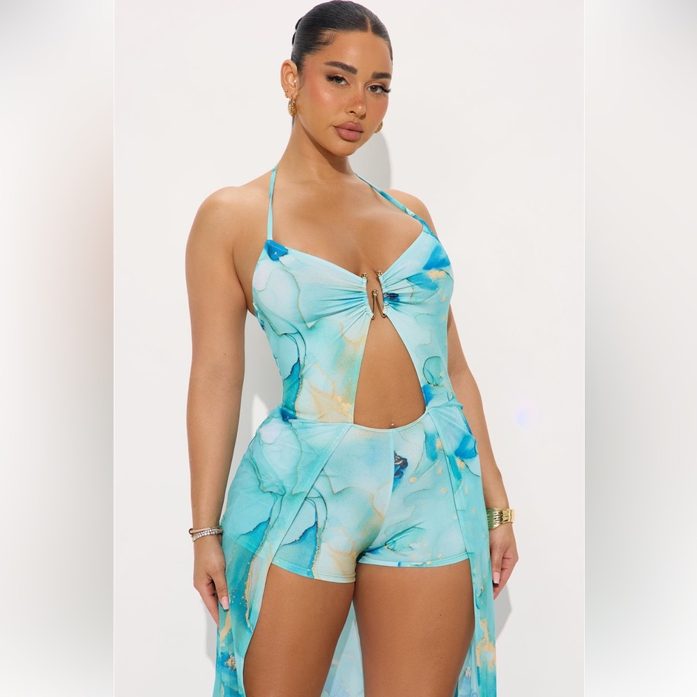 Fashion Nova Marble Mesh Romper- Blue